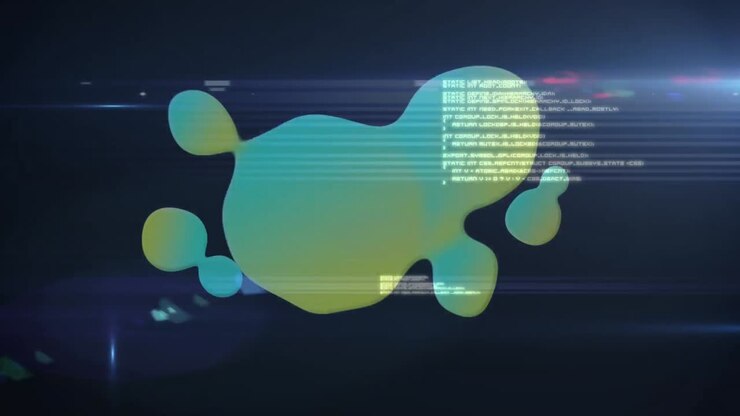 Animation of green and yellow blobs, over data processing and moving lights on dark background