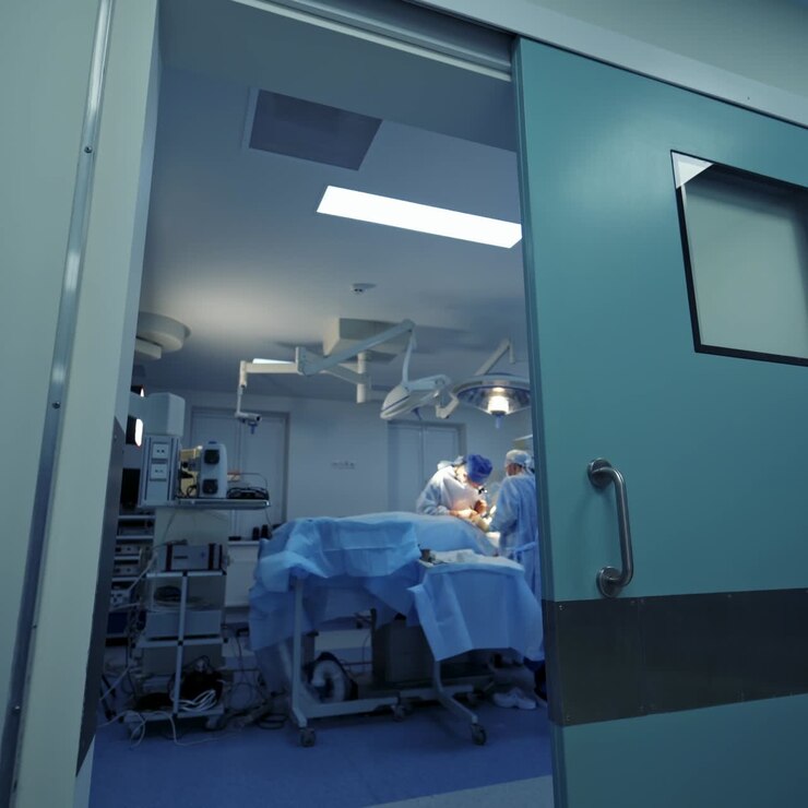 View from the door on neurosurgery operation in modern clinic. Hi tech equipment