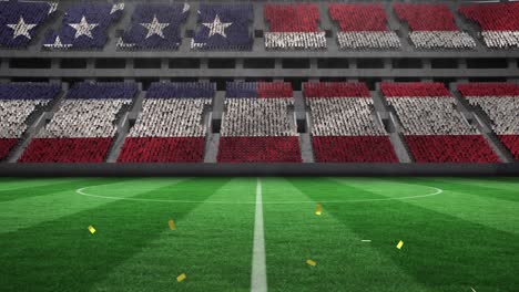 animation of gold confetti falling over flag of united states of america in sports stadium