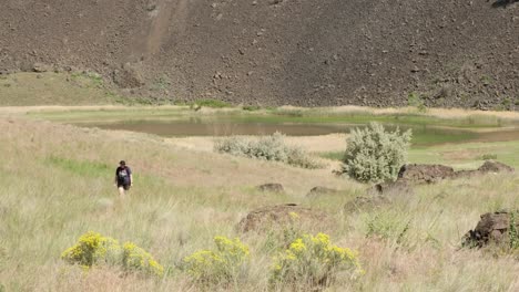 Hiker-with-camera-walks-in-tall-grass-near-small-lake-at-Dry-Falls,-WA