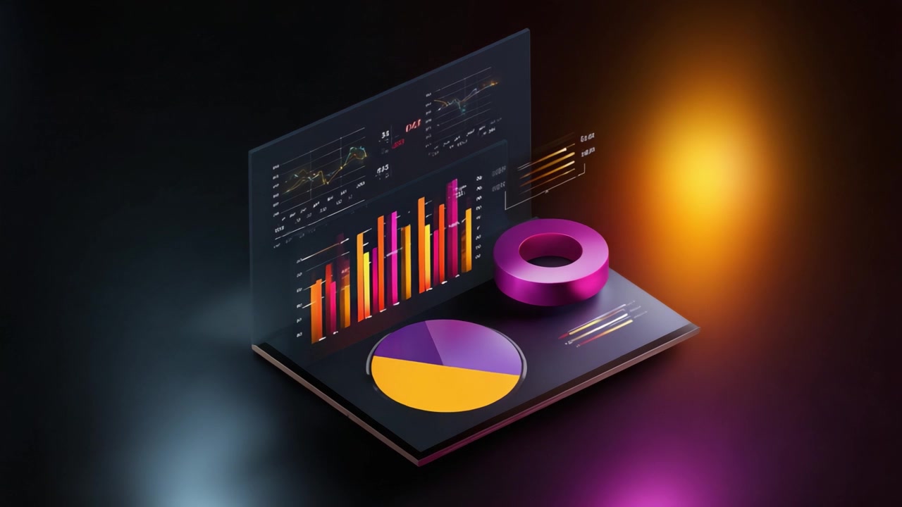 Dynamisk og fargerik datavisualisering med grafer, diagrammer og interaktive elementer som viser innsikt i et moderne digitalt analyse-miljø.
