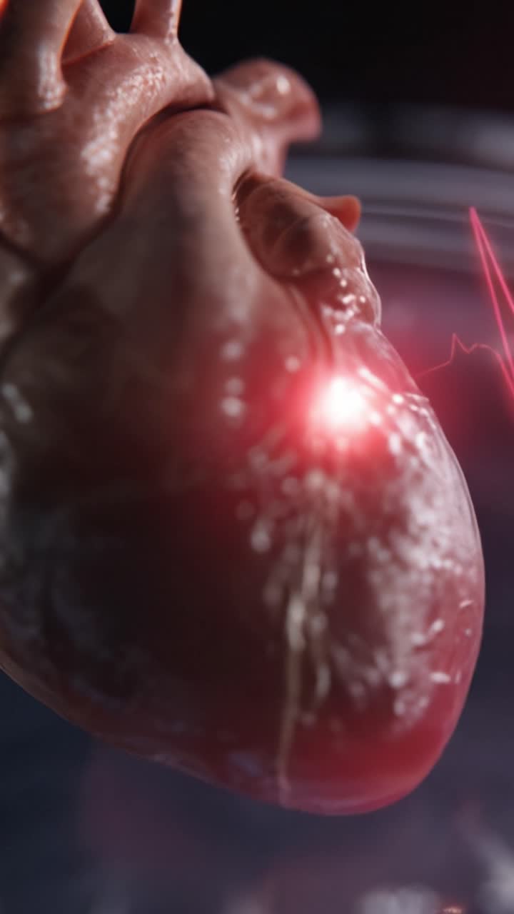 Primo Piano Dettagliato di un Cuore Anatomico con Caratteristiche Illuminate, che Evidenzia Vasi Intricati e Movimento Pulsante su uno Sfondo Scuro.