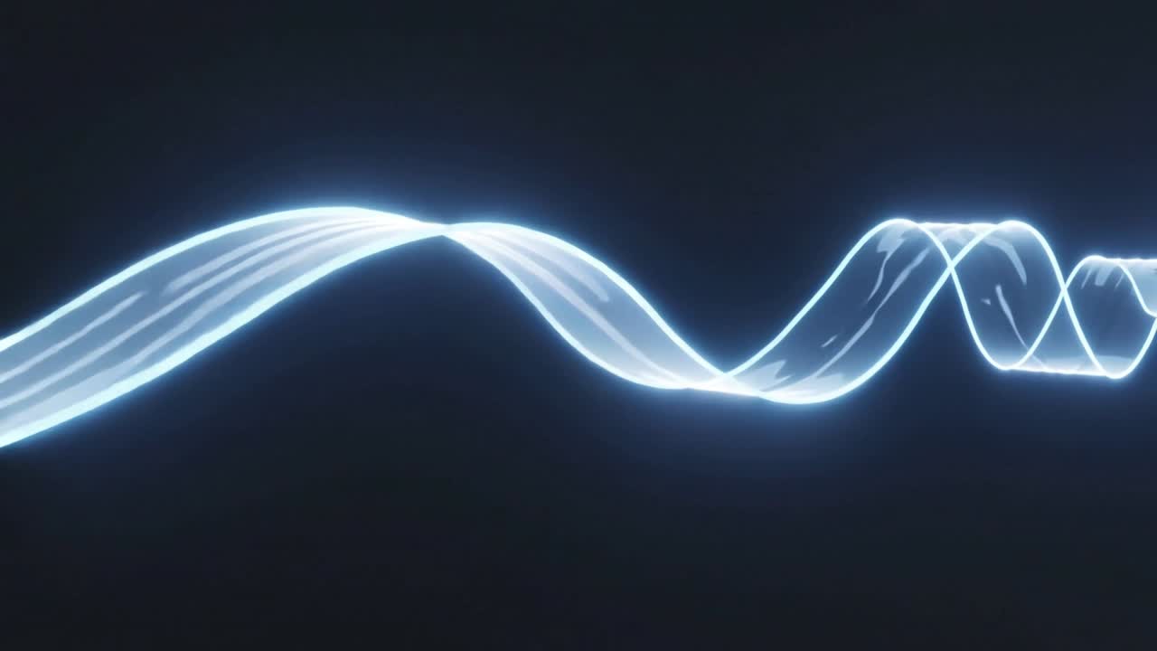 Un nastro luminoso a più fili entra da sinistra e si muove a destra in un vuoto oscuro, dividendosi e avvolgendosi.
