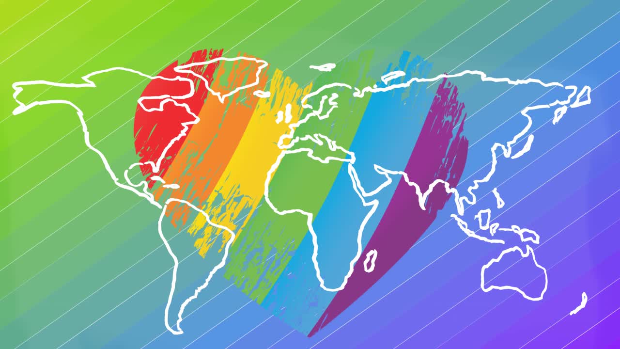 animación del mapa del mundo sobre el arco iris corazón en el fondo del arco iris