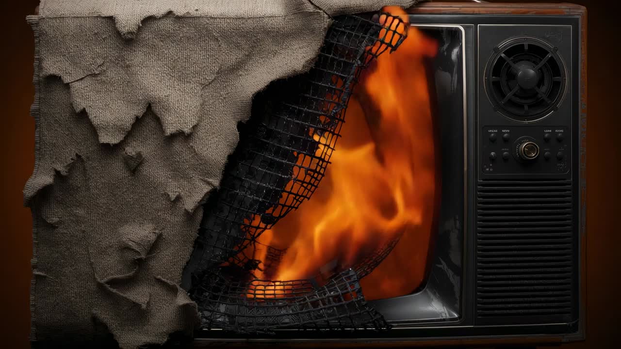 Calore crescente che provoca fiamme da un televisore CRT vintage che spingono la rete verso l'esterno in una stanza in penombra, con tela di sacco bruciacchiata.