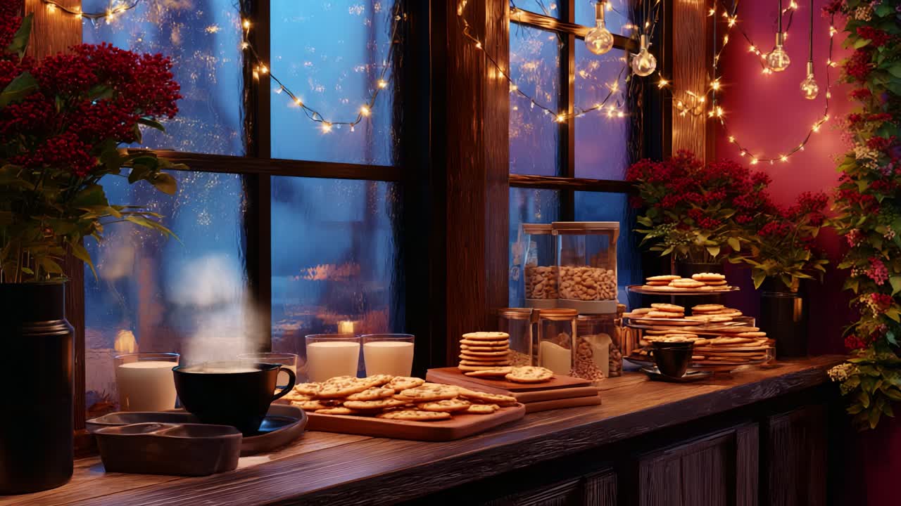 Warm and Cozy Bakery Scene Featuring Freshly Baked Cookies and a Steaming Cup of Coffee with Beautiful Decor and Ambient Lighting in a Rustic Setting