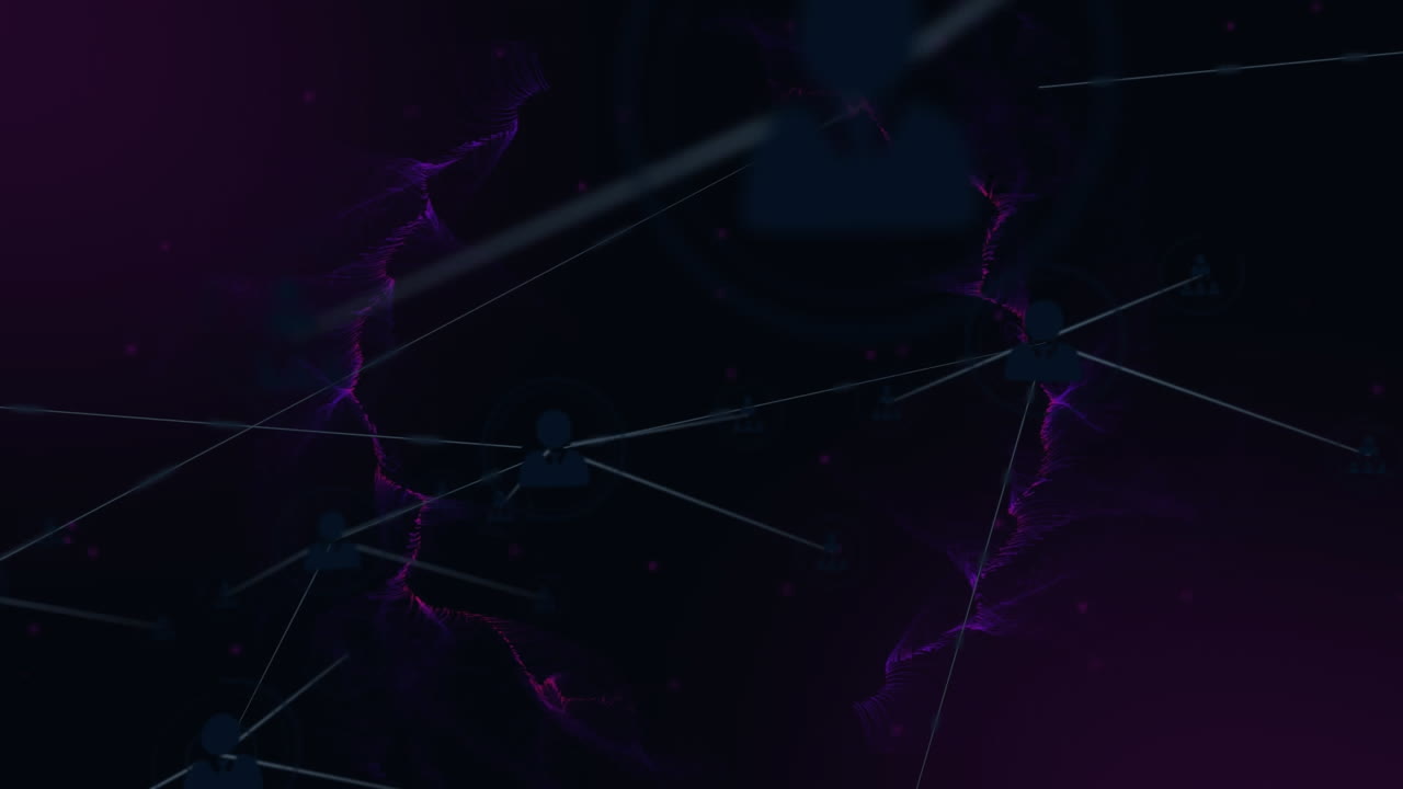 animación de la red de conexiones con iconos digitales sobre senderos de humo púrpura
