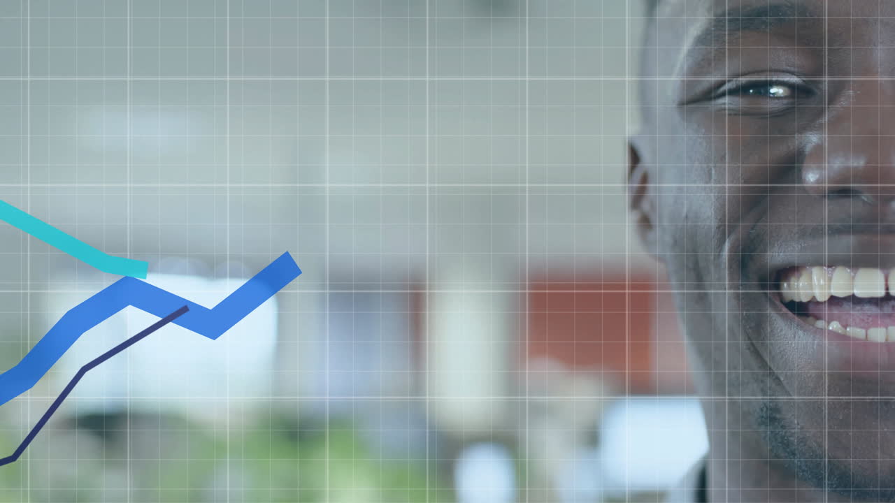 Animation of data processing over african american businessman in office