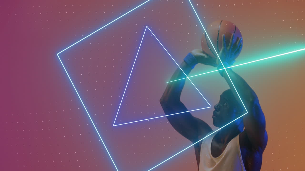 анимация форм и световых следов над баскетболистом на неоновом фоне