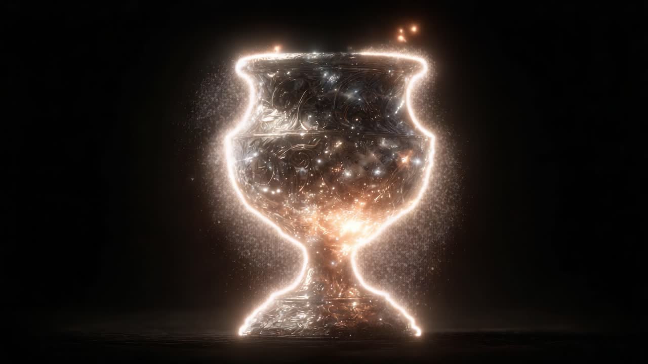 Un Calice Scintillante Pieno di Incanto: Esplorando i Bagliori Magici e le Luci Mistiche Che Circondano un Vaso Etereo in un Ambiente Scuro