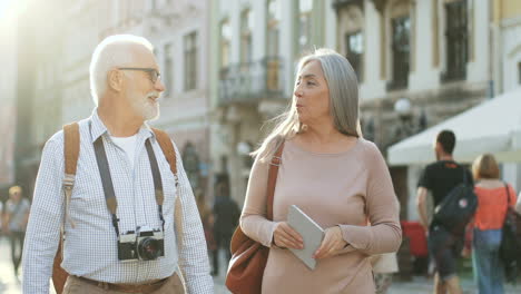 senior couple of tourists with photocamera and map