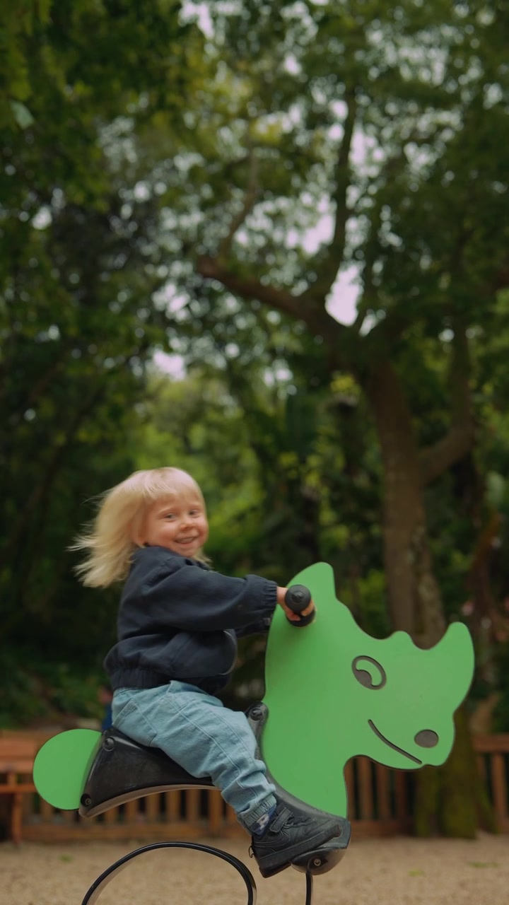 Happy Toddler Riding a Green Spring Rider at a Playground