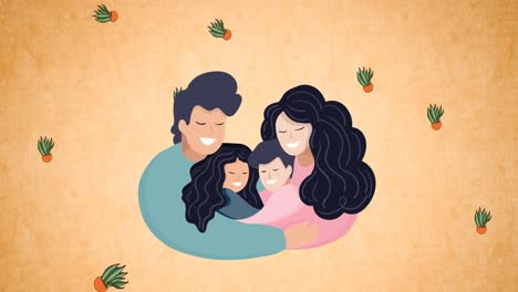 composición de la familia abrazando sobre un fondo rojo