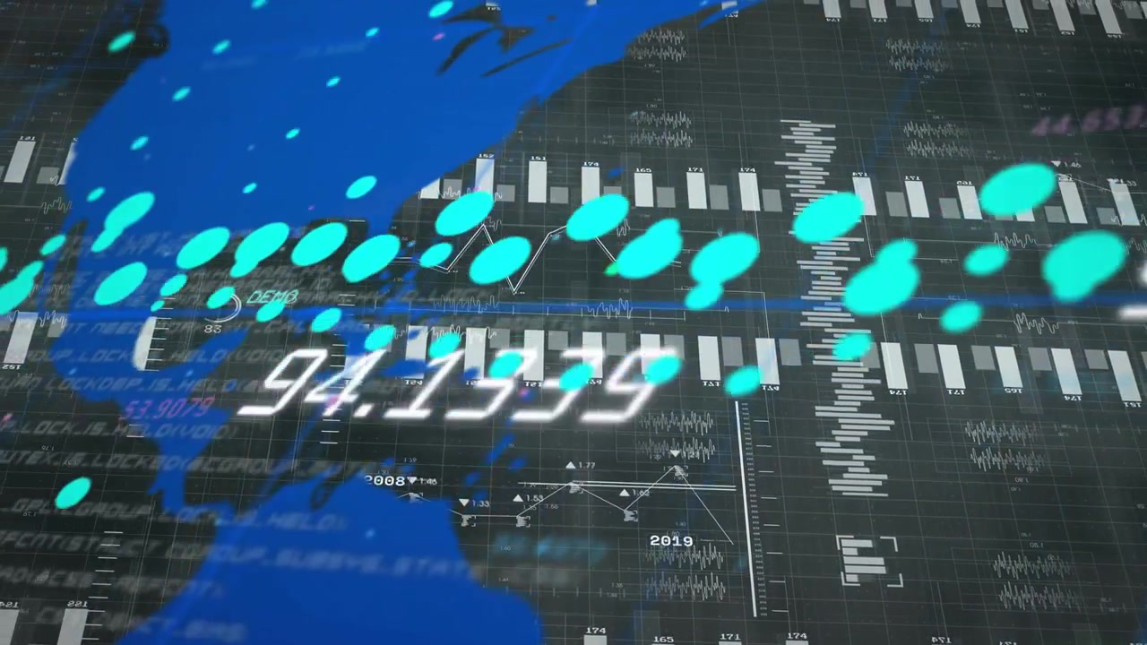 All'aggiornamento dei dati, barre che si espandono, punti color verde acqua che scorrono, mappa blu che si sposta, mostrando un flusso di analisi in tempo reale.