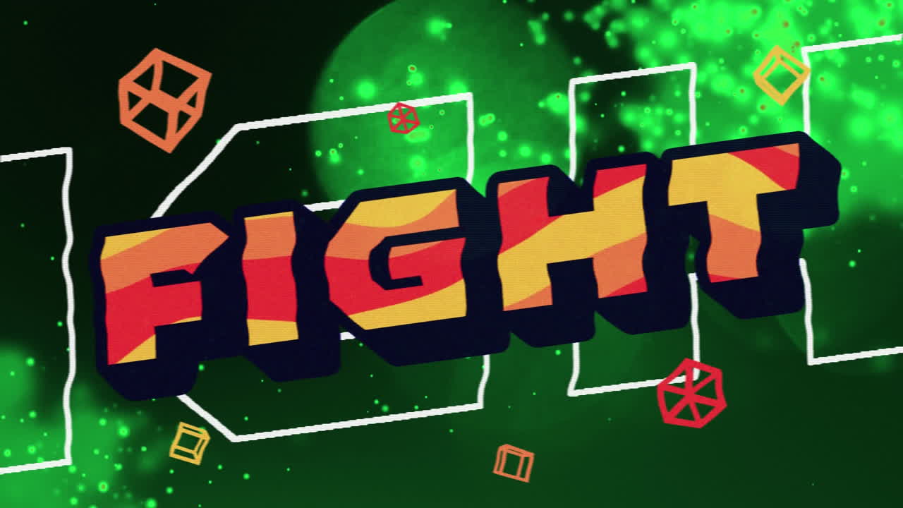 animación digital de texto de lucha y formas abstractas contra partículas brillantes sobre fondo negro