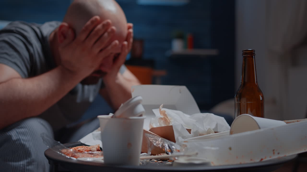 Traumatised man with tears sitting on couch crying feeling exhausted