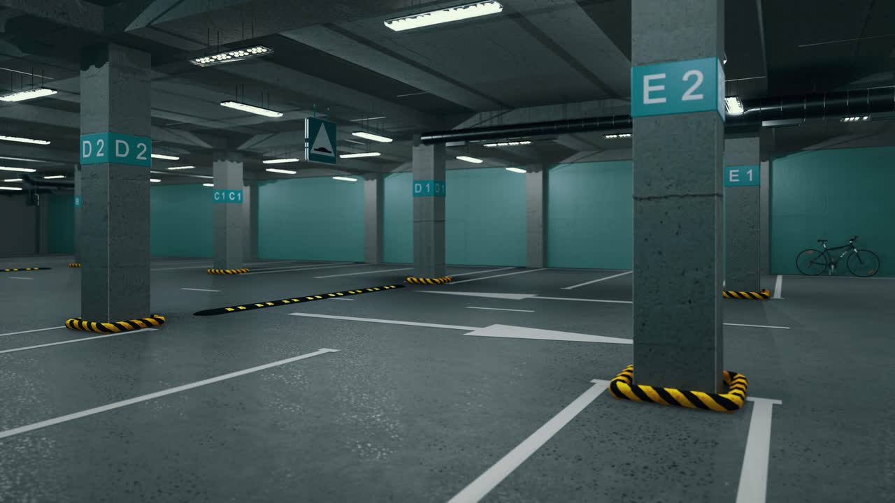 Underground parking without cars. Modern underground parking. Indoor full modern parking. Underground Parking Garage Scene