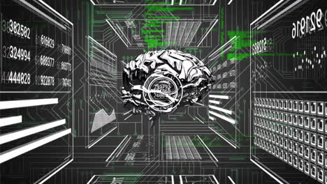 animation of rotating brain rotating over interface screens with charts and processing data