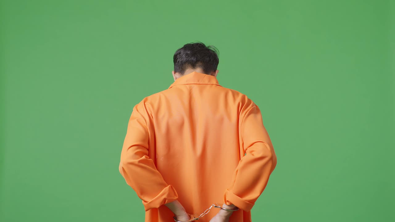 손을 은 아시아 남성 수감자가 녹색 화면 배경에 서서 카메라를 바라보며 화를 내고 짜증이 납니다.