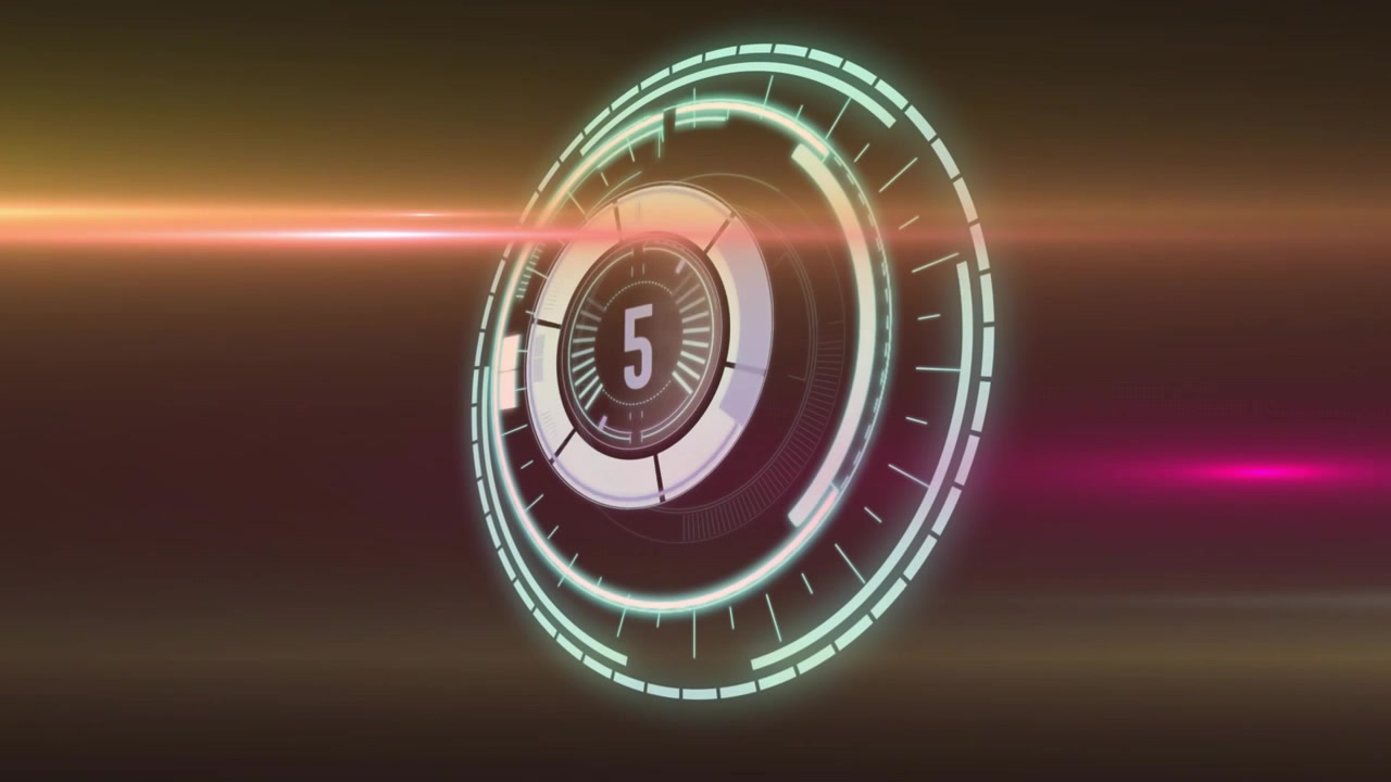 On playback start, digital timer counting down ten, rings rotating and beam sweeping marking launch