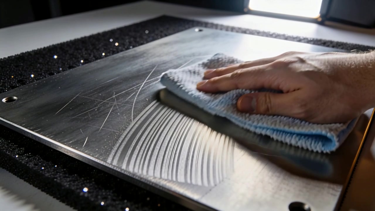 Hand Cleaning a Brushed Metal Surface with a Microfiber Cloth