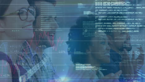 Animation of financial data processing over business people working in office