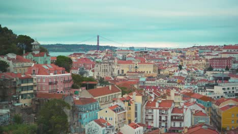 lisbon hill viewpoint through fences to castle, tagus river bridge and city roofs