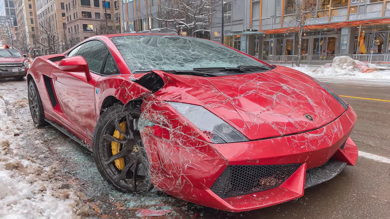 A Dramatic Scene Showcasing a Crashed Red Sports Car with a Shattered Windshield, Revealing the Consequences of Speed and Risk on Urban Streets