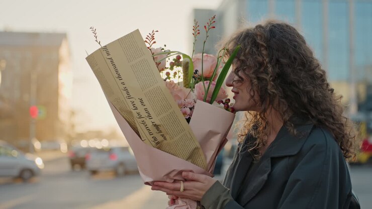 Fiorista gioiosa con un bouquet in fiore. Donna all'incrocio mostra una felicità radiosa con i fiori. Scena vivace con una fiorista allegra tra il traffico urbano e fiori in boccio