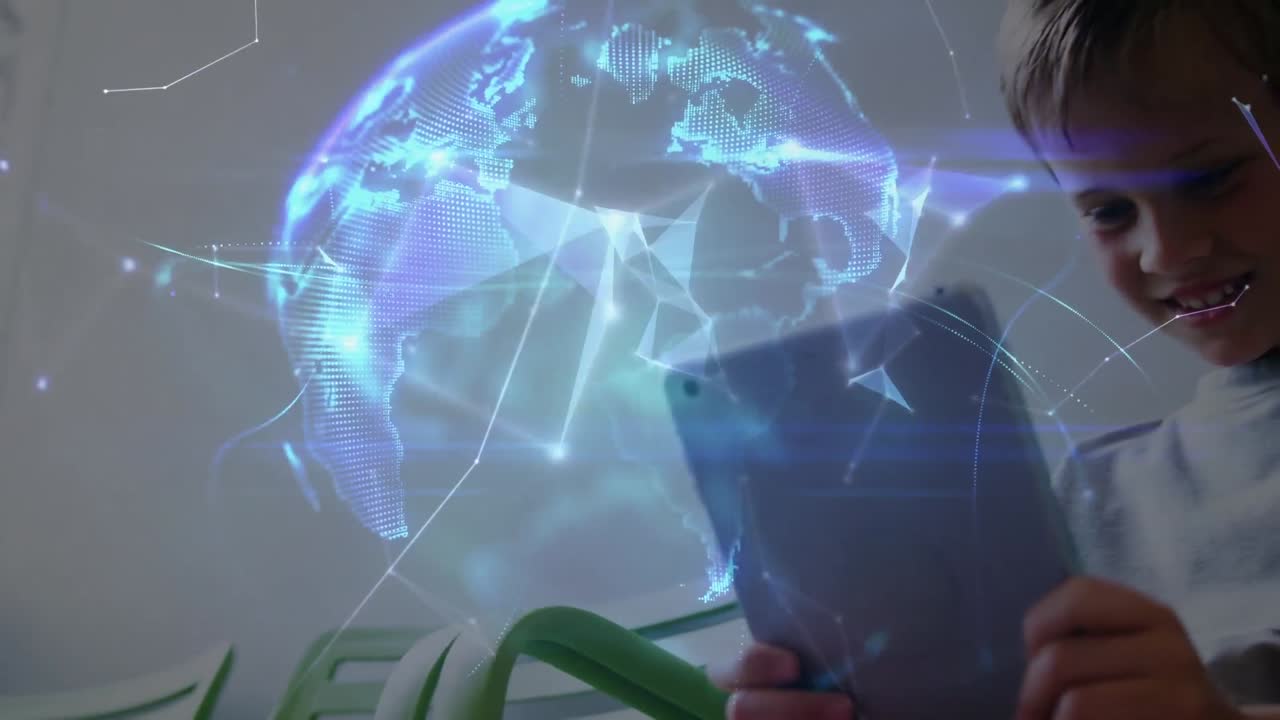 animación del globo y redes de conexiones sobre muchacho caucásico usando tableta