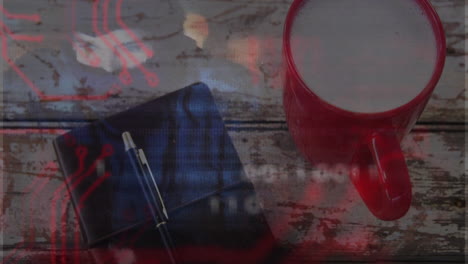 red mug and closed notebook floating above tabletop, displaying tech circuit overlay in 3d render
