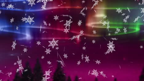 Digital-animation-of-snowflakes-falling-over-colorful-light-trails-on-purple-background