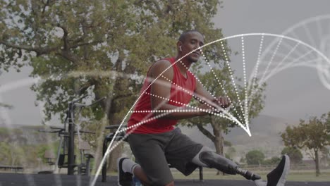 animation of particles forming dna strand over male athlete with prosthetic leg exercising outdoors