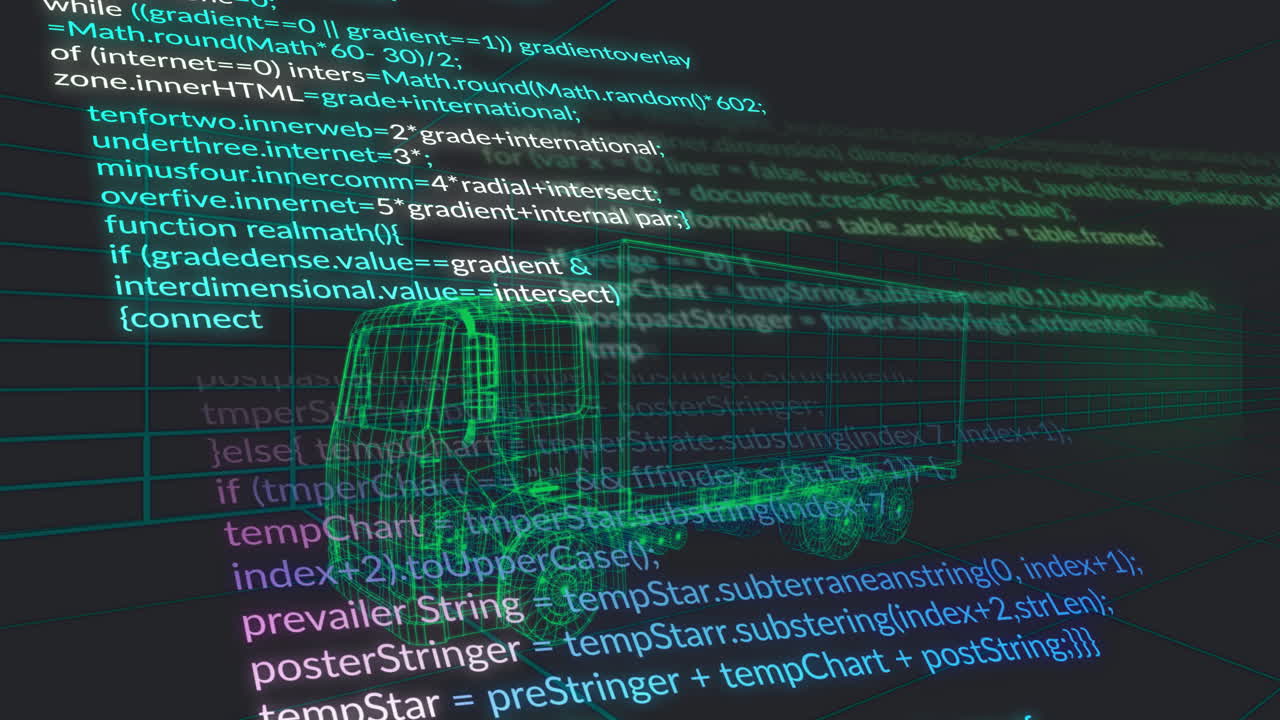 Green holographic wireframe semi-truck model hovering over neon grid with code lines scrolling