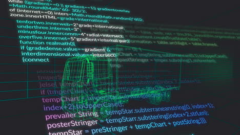 green holographic wireframe semi-truck model hovering over neon grid with code lines scrolling