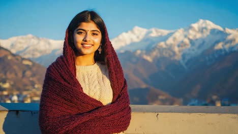 young woman smiling while wearing a cozy shawl, enjoying the breathtaking mountain landscape on a sunny day, radiating happiness and embracing the beauty of nature