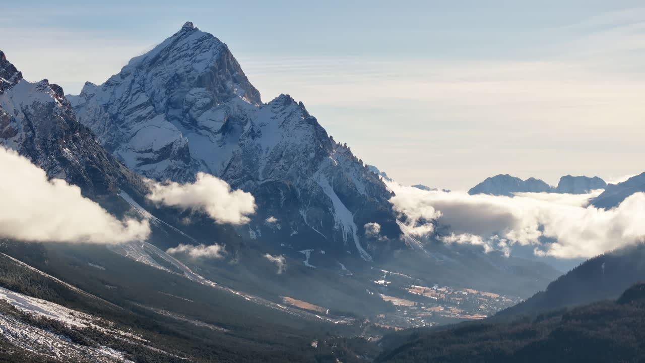 Aerial drone view of the Cortina d'Ampezzo ski resort in the Dolomites, Italy