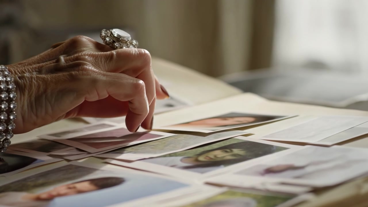 Close-up of a woman’s hand with jewelry pointing at printed photographs spread across a table in a softly blurred indoor setting, suggesting review, sorting