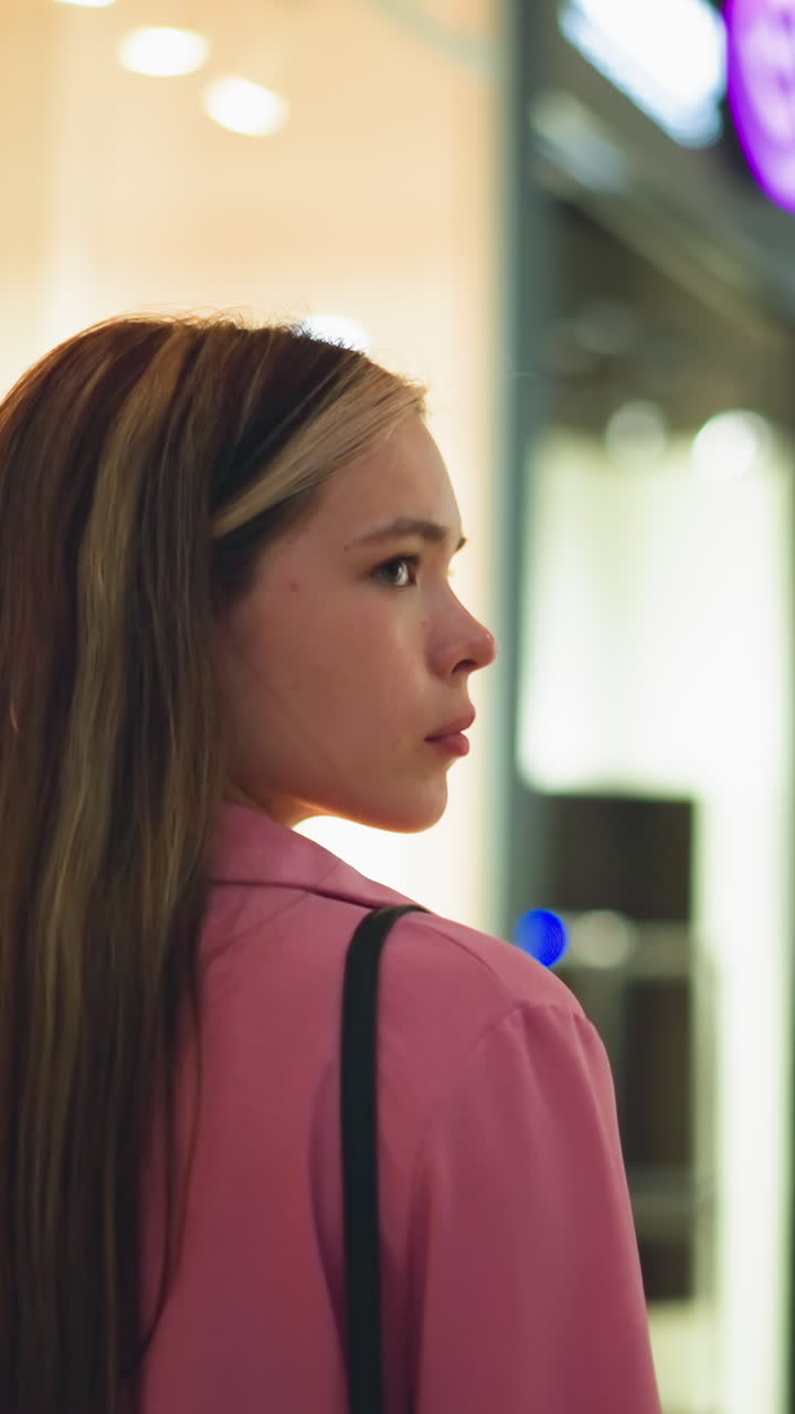 Lady in pink dress walking through a mall, looking thoughtful with a blurred view of two people holding hands in the background, storefront mannequins are brightly lit, casting a warm glow