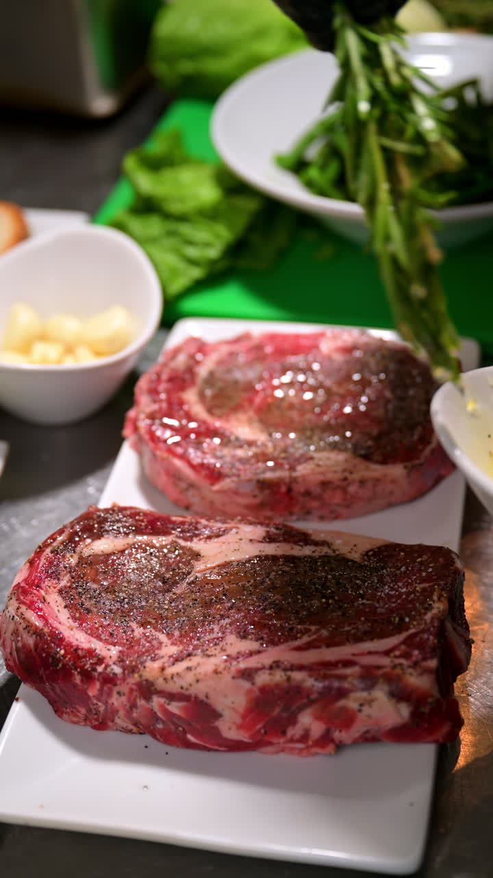 Chef preparing raw ribeye steak with gloves. Close-up of a chef wearing black gloves preparing raw ribeye steak in the kitchen