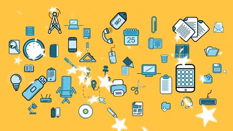 animación de estrellas blancas, iconos de negocios, oficinas y medios dibujados sobre fondo amarillo
