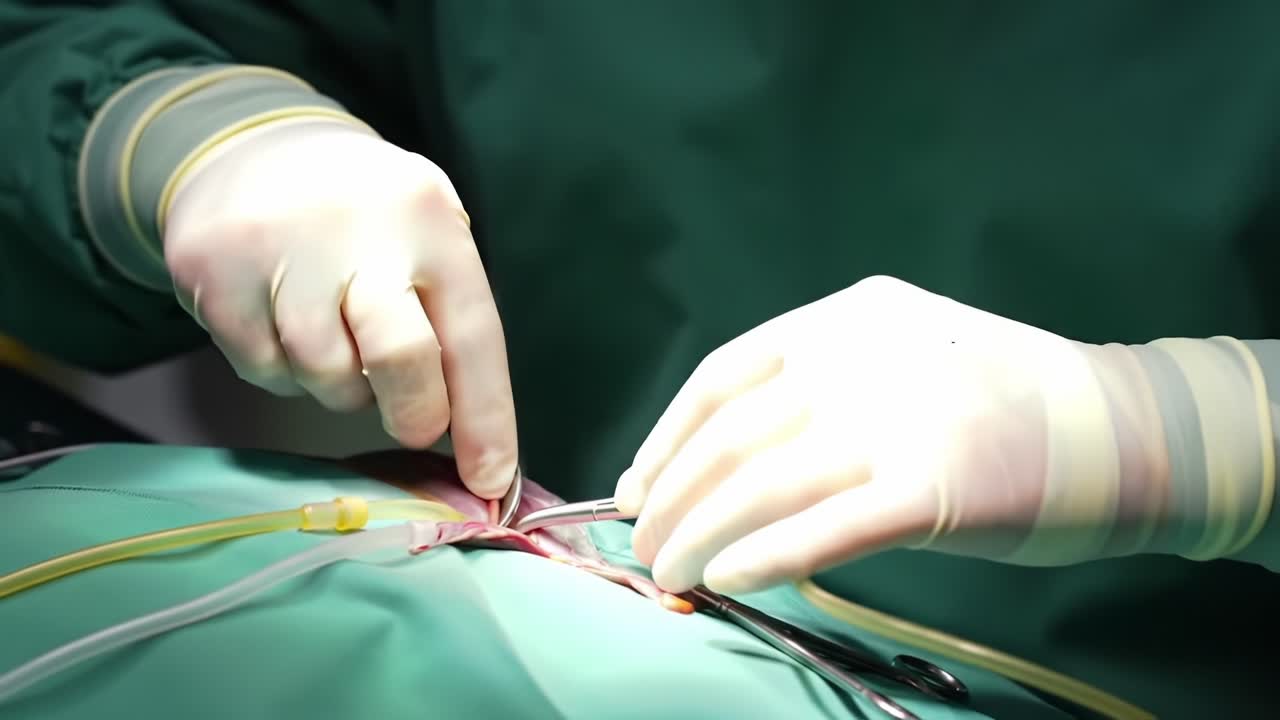 Close-up of Surgical Procedure: Detailed View of Hands and Instruments Engaged in a Delicate Operation on a Patient's Body Under Professional Medical Environment
