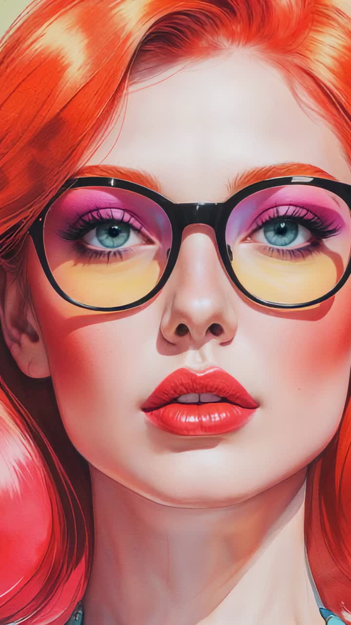 Vertical video: Shifting lights bathing woman with round glasses in studio, revealing makeup shift