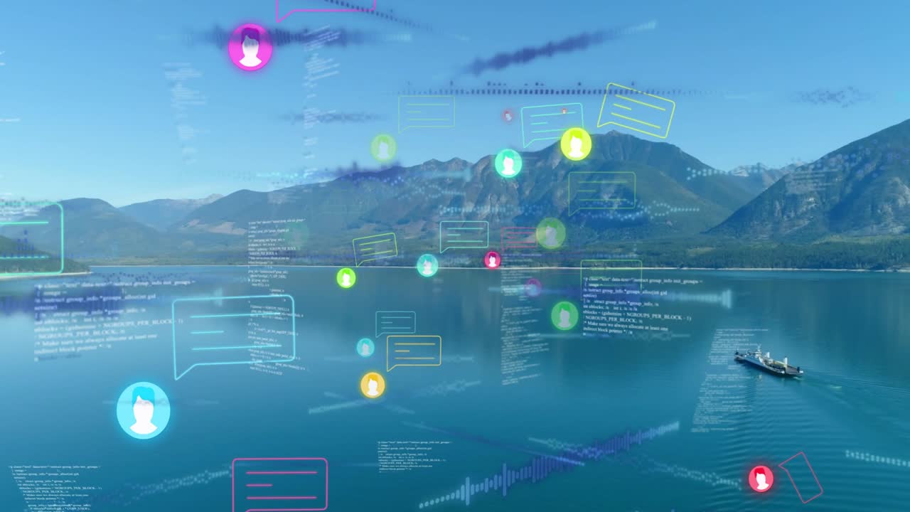User icons appearing above lake drifting forward, growing, clustering and showing network data