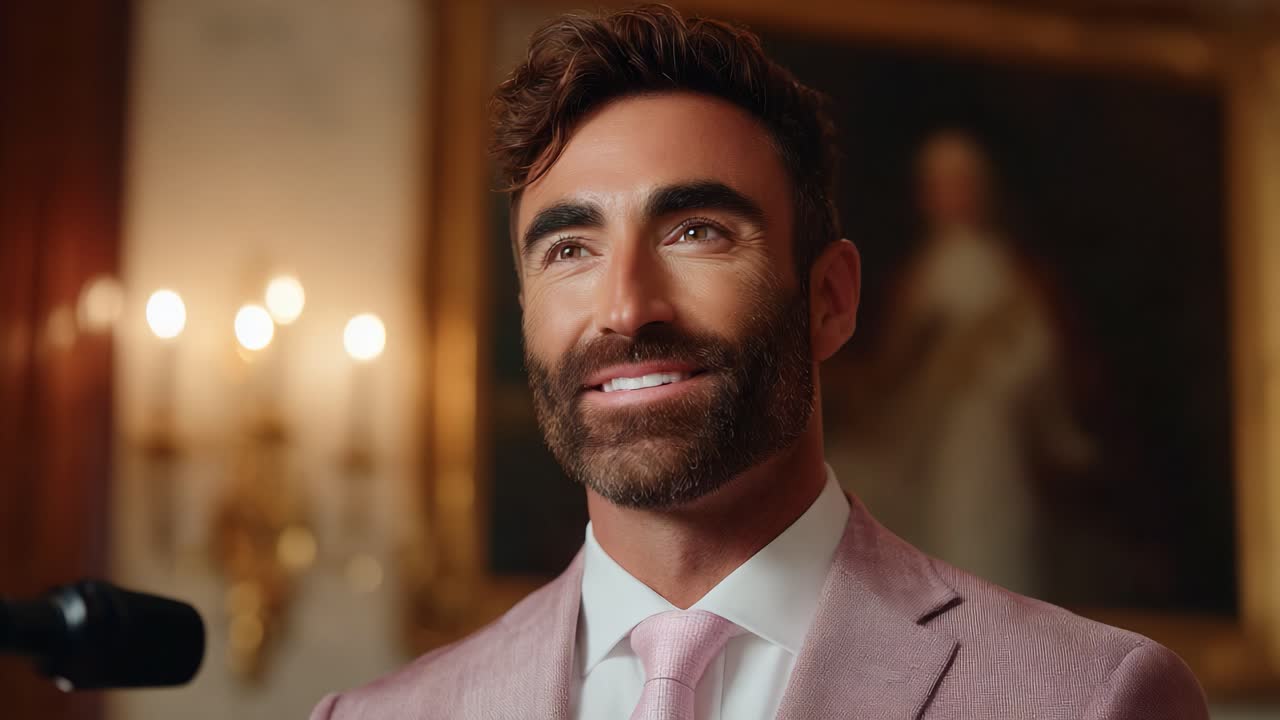 A Distinguished Gentleman in a Tailored Pink Suit Captivates the Audience with His Charismatic Smile and Warm Presence in an Elegant Setting