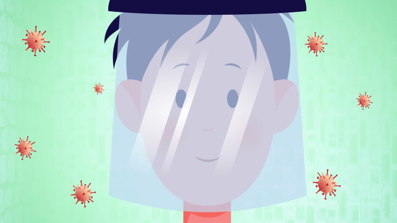 코로나 19 바이러스 세포가 움직이는 코로나 19 바이러스 세포 위에 얼굴 방패를 쓴 사람의 애니메이션