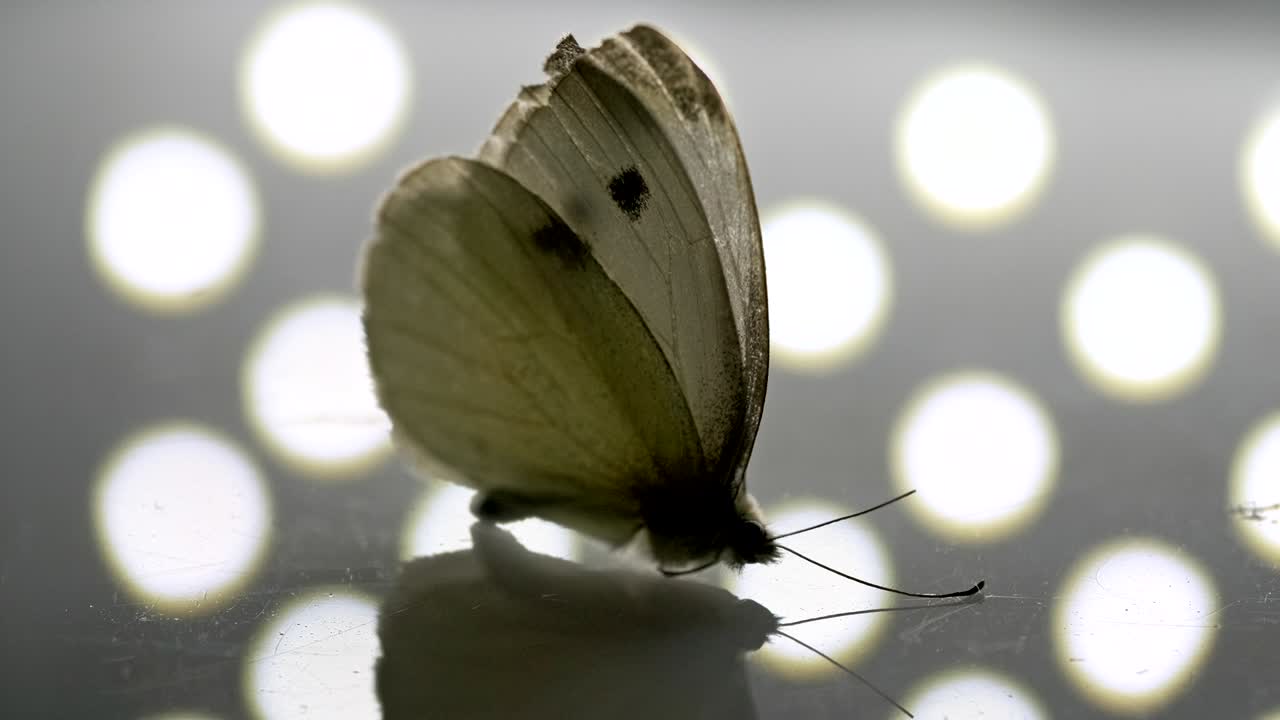 Turntable shot of a butterfly standing on a reflective surface with dot pattern in the background.