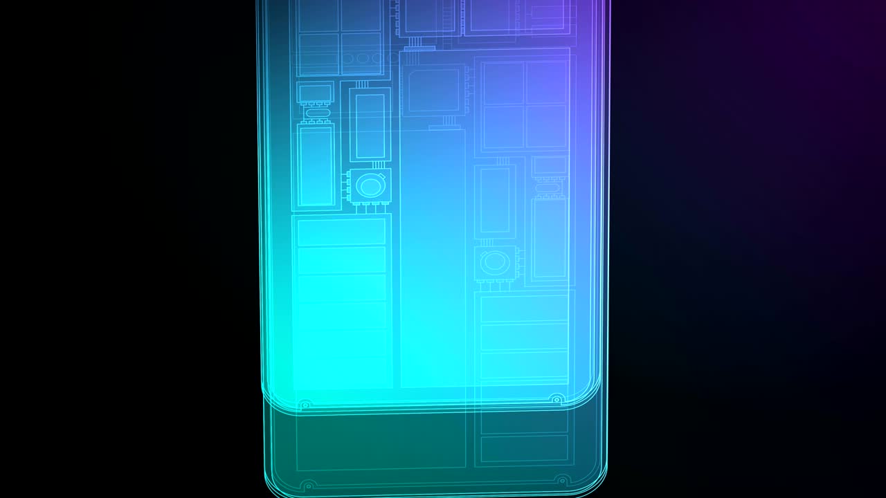 transparencia virtual isométrica 3d muestra dentro de la parte del teléfono inteligente girando girar, diseño de concepto de tecnología digital en fondo de gradientes azules y violetas, animación de bucle sin costuras 4k