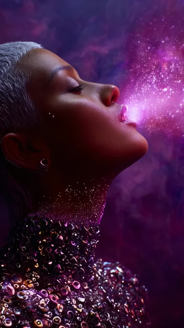 A Cosmic Transformation: A Glowing Portrait of a Woman Harnessing Celestial Energy, Embodying Beauty and Mystery in a Vibrant, Ethereal Display of Light and Color