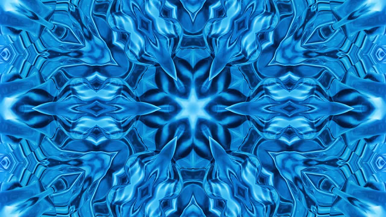 fondo simétrico abstracto con simetría estelar. mandala con olas. fondo líquido azul abstracto en bucle con patrón brillante ondulado, superficie brillante y brillante. efecto caleidoscopio